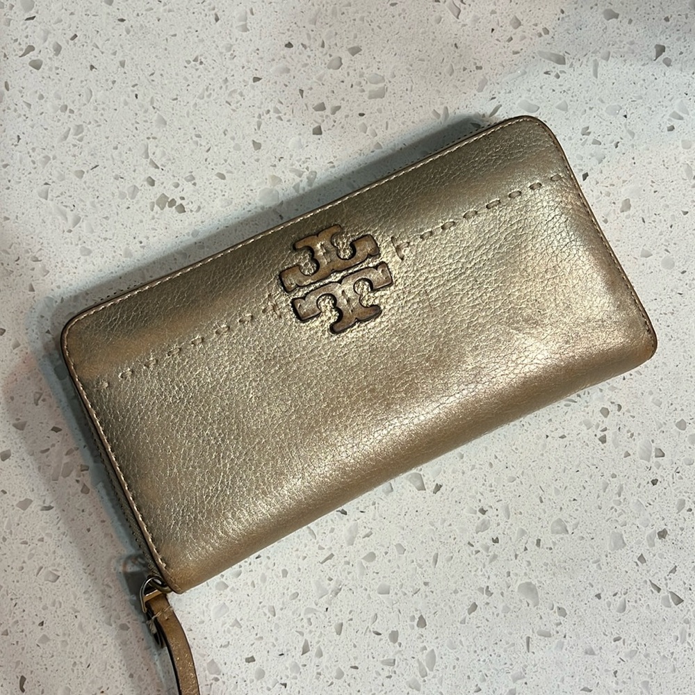 Tory Burch gold wallet with zipper